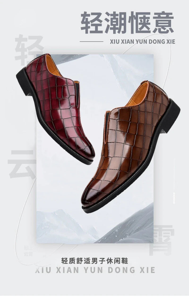 Mens Classic Temperament Brown Crocodile Embossed Leather Loafers Slip On Formal Dress Shoes For Business Office And Casual Wear