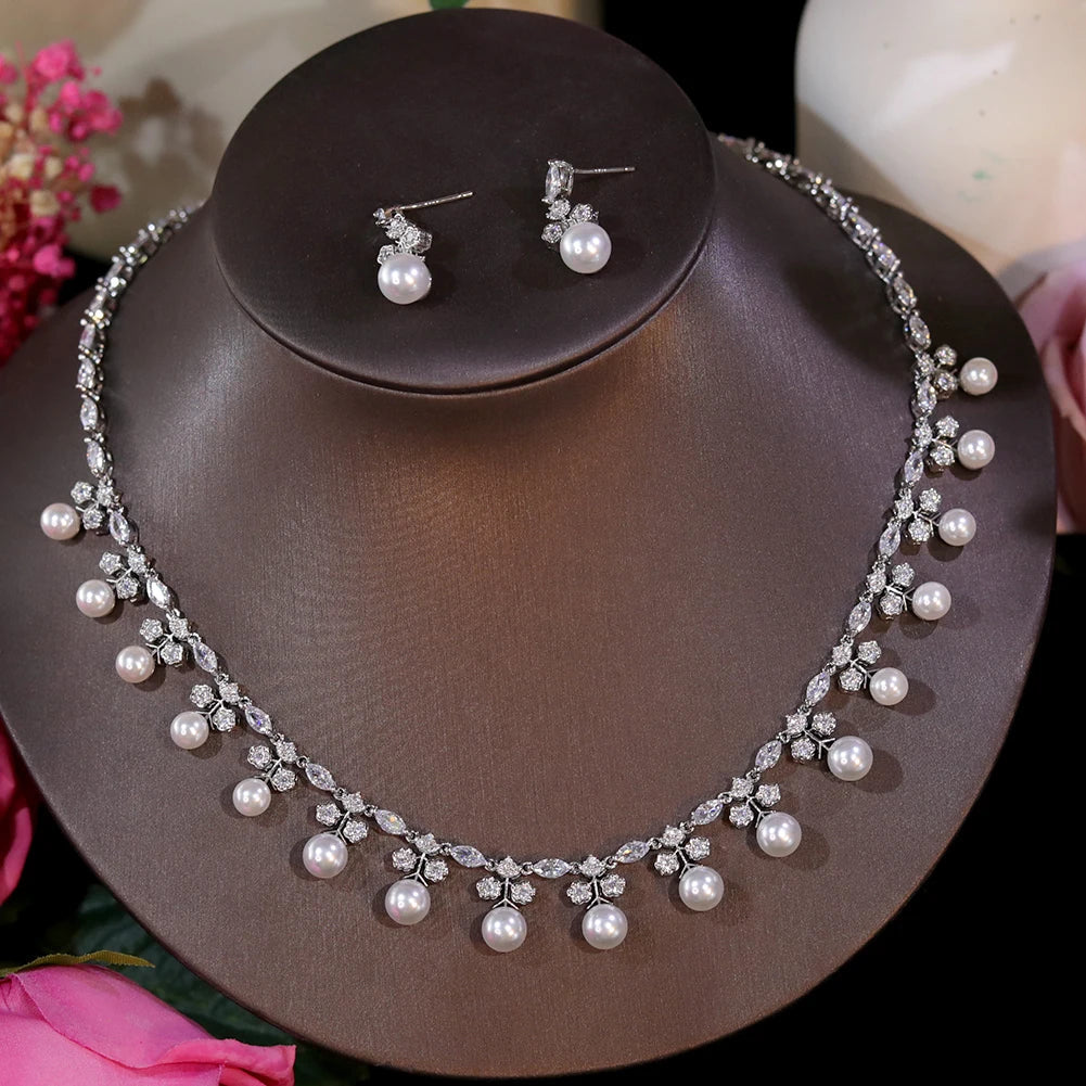 Gorgeous Cubic Zirconia Stone Pearl Choker Necklace Earring Jewelry Set for Women Bridal Satin Wedding Dress Accessories