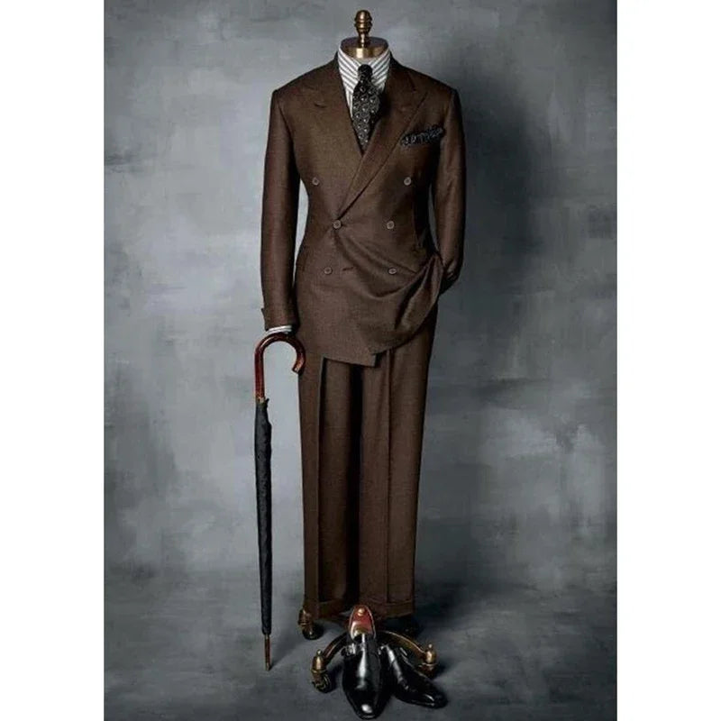 Brown Double Breasted Men Suit Gentlemen Peak Lapel Business Smart Casual 2 Piece Jacket Pants Male Clothing High Quality Blazer