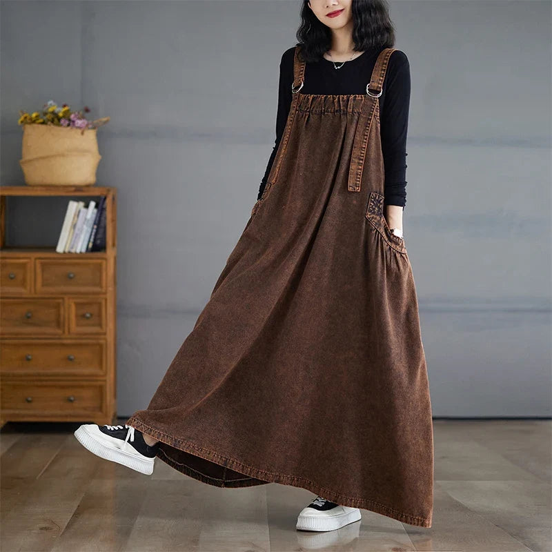 Retro Crtsmanip Loose Fit Slimming Denim Overalls Long Skirt Dr Spring Summer Autumn Winter A-Line Straight Cut Gown