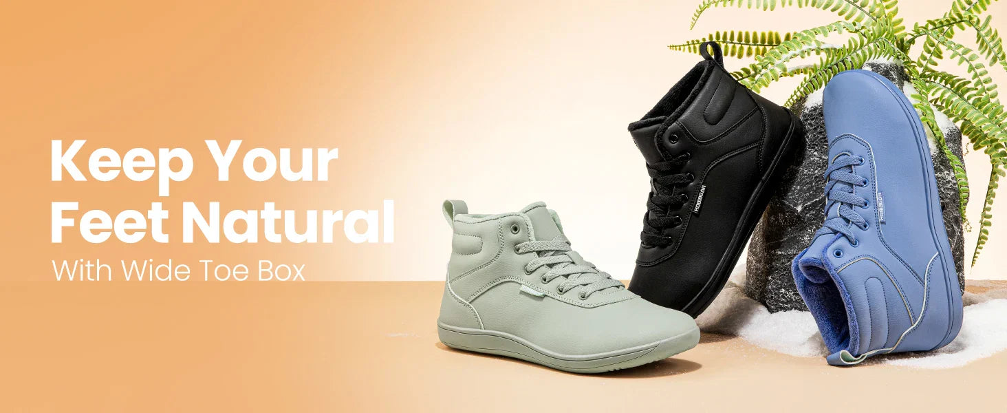 Unisex Winter Barefoot Shoes Womens Men Wide Toe Box Faux Fur Lined Ankle Sneakers Artificial Leather Lace Up Shoes