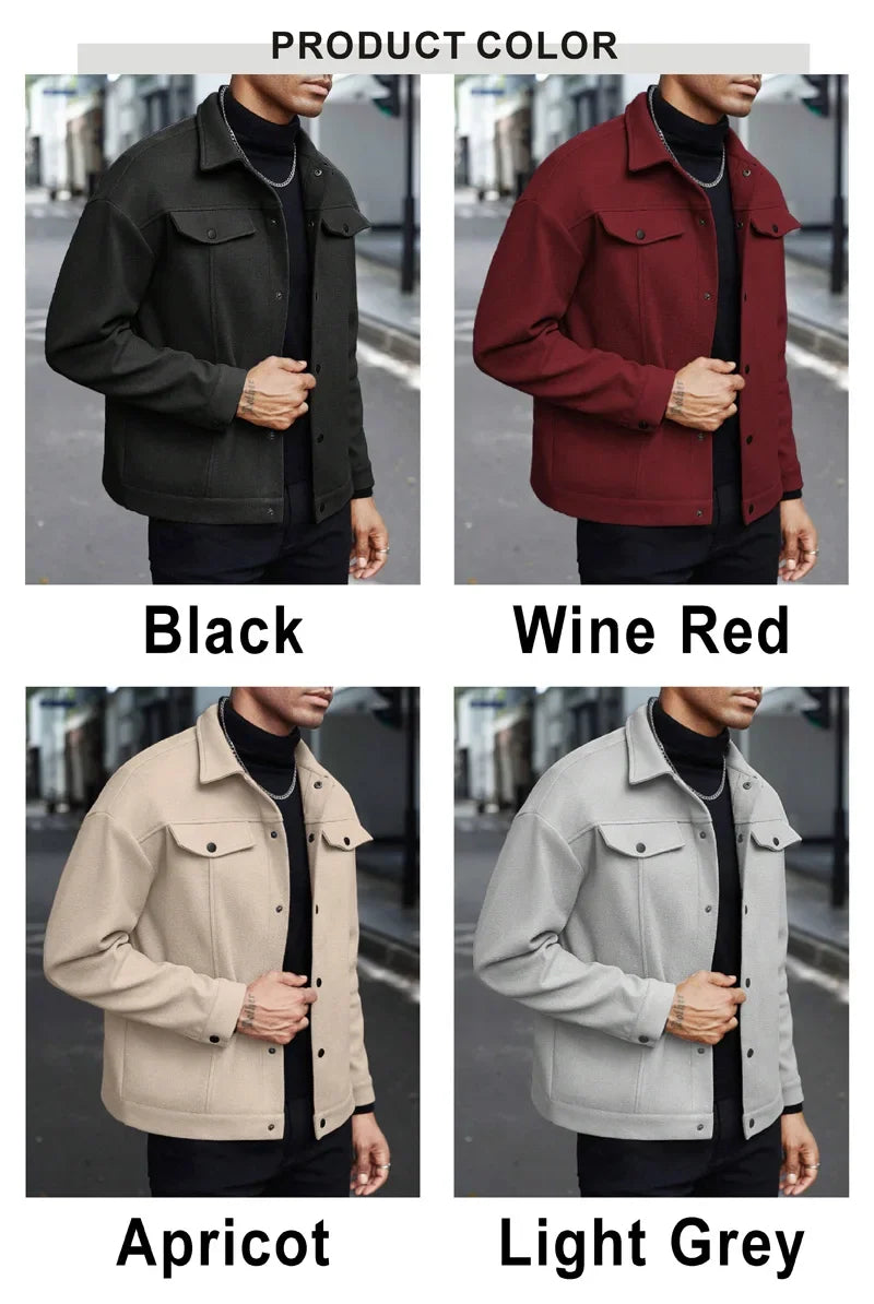 Men's Polyester Brushed Jacket, Lapel Button/Zipper Coat with Pocket, Comfortable Casual Autumn Winter Office Business Wear