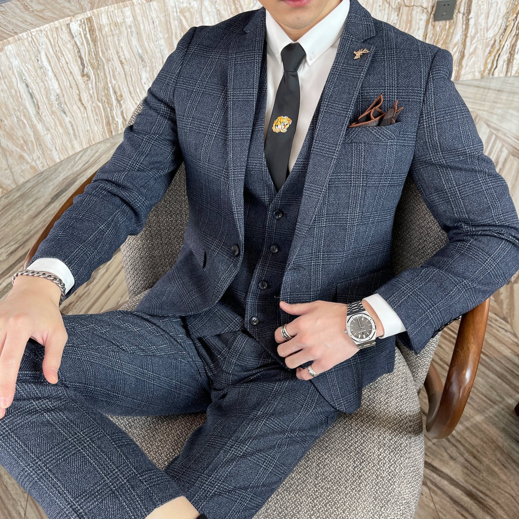British Modified Plaid Three-Piece Suit for Men - Stylish Business Casual Suit Vest And Trousers Set