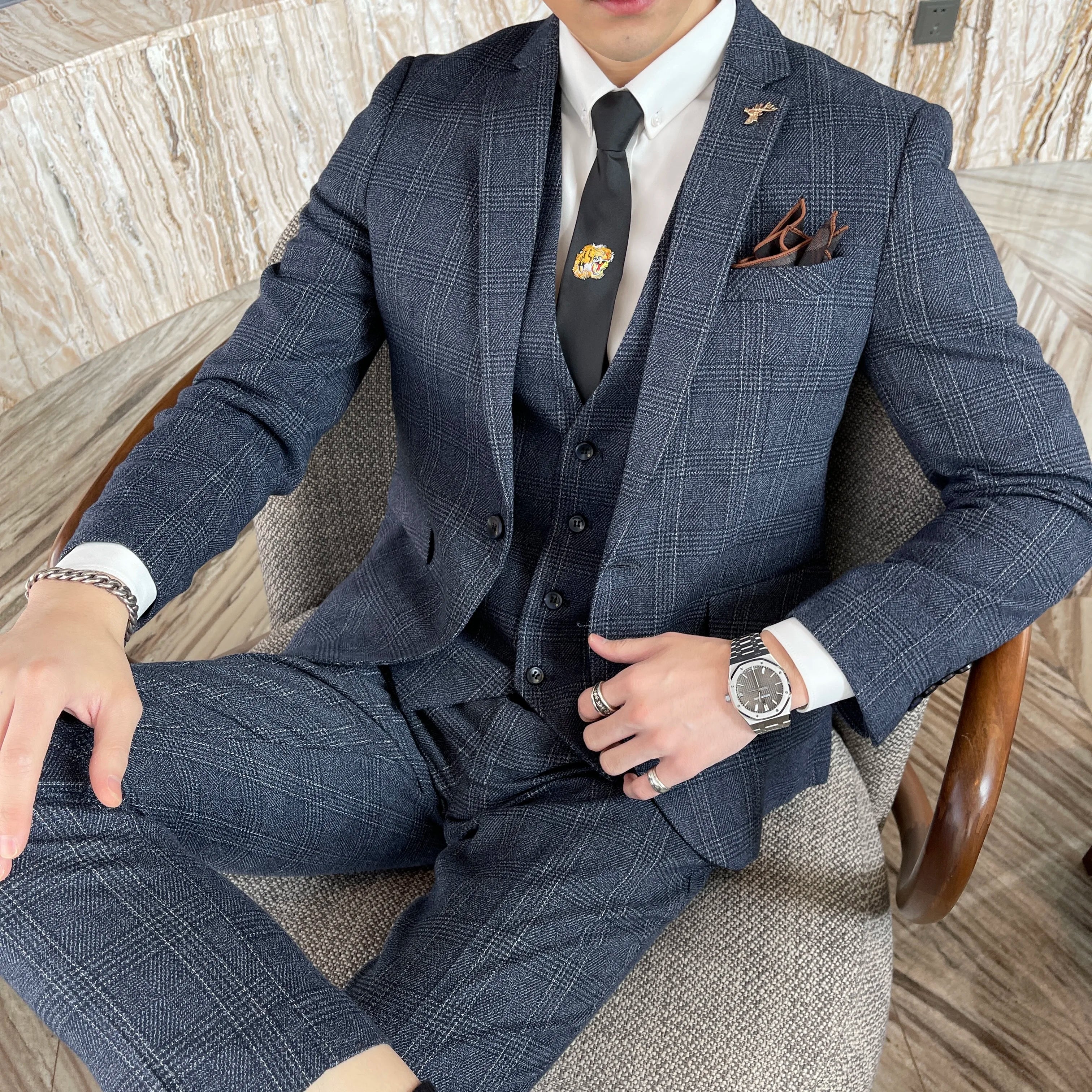 British Modified Plaid Three-Piece Suit for Men - Stylish Business Casual Suit Vest And Trousers Set