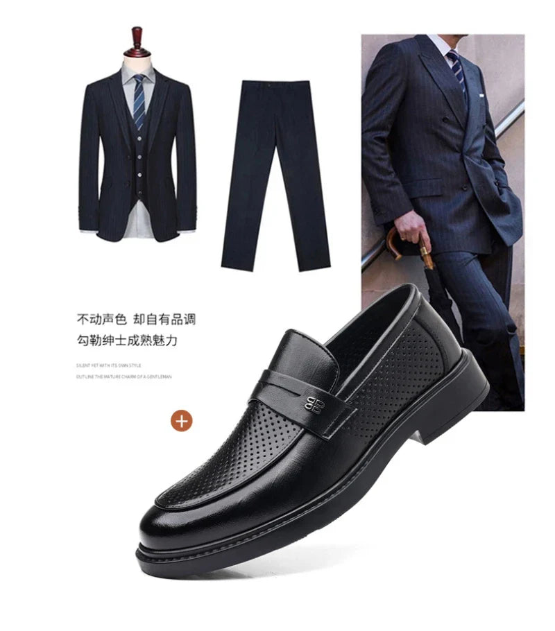 Mens Black Penny Loafers With Perforated Detail Slip On Comfortable Breathable Dress Shoes For Business Office And Summer Wear