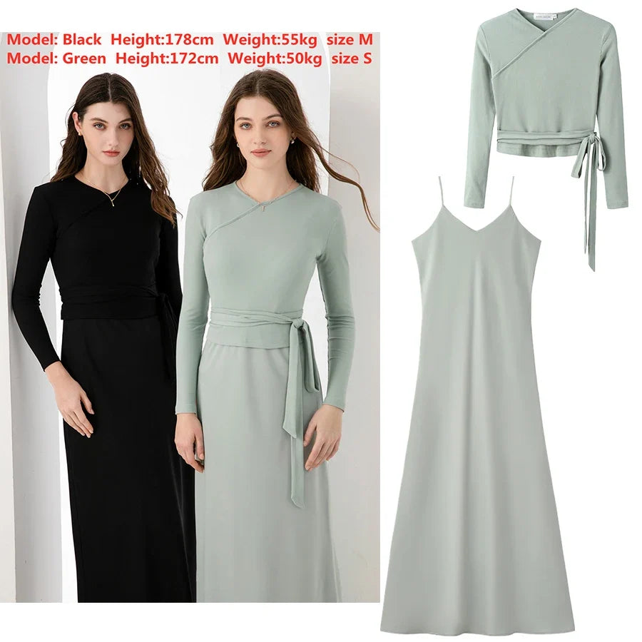 2024 woman clothing high Stretch ribbing closed-fit wrap tops + Matte Satin dress Maxi matching sets (ship out in 1 day)