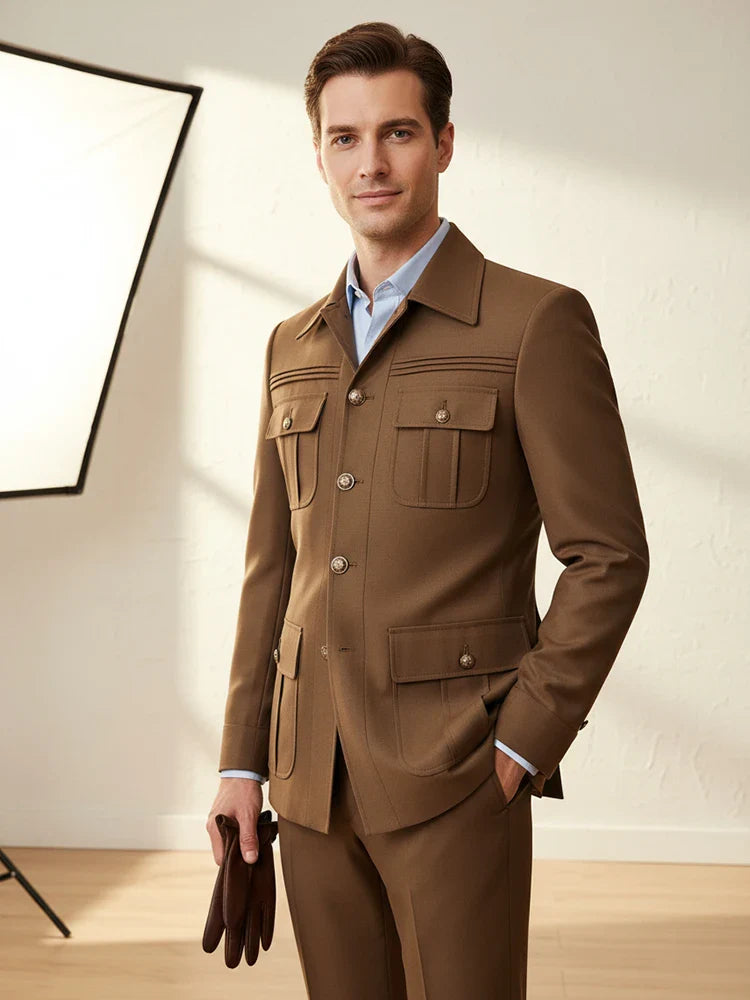 Two-piece dress black slim fit mens suits Classic Fit Multi Buckle Multi Pocket Solid Color Casual Business man blazer