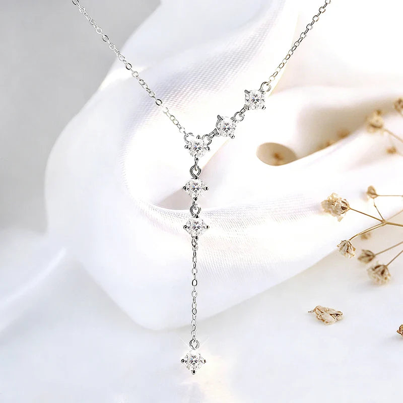 4mm Tassel Necklace Moissanite Pendant Round Cut Sparkling Neck Chain Girls Christmas Gift 925 Sterling Silver Plated 18K