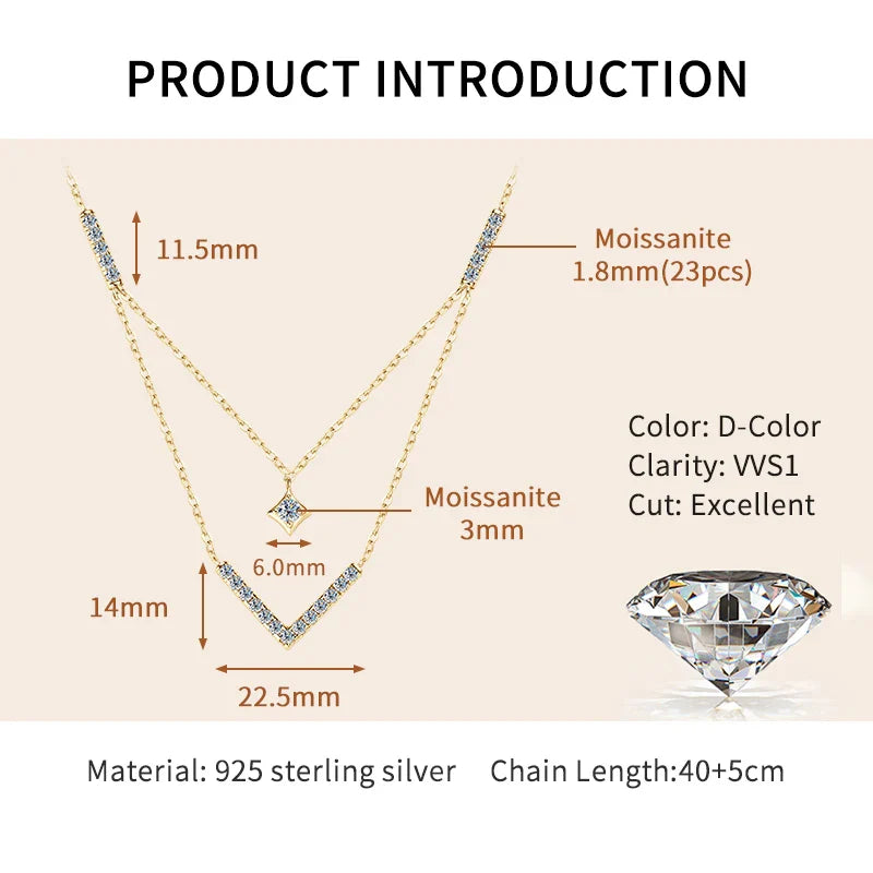Sparkling 3mm&1.8mm Round Moissanite Necklace 925 Sterling Silver Fashion V-Shape Necklaces for Women Fine Jewelry Gift