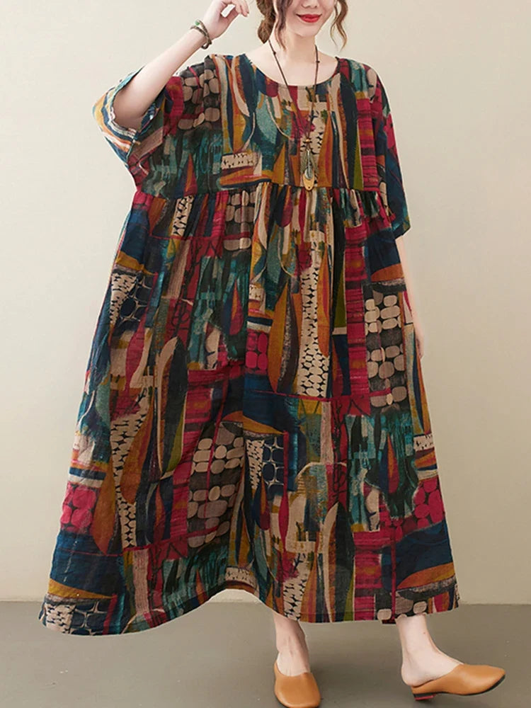 Short Sleeve Cotton Linen Vintage Print Summer Long Dresses For Women 2026 Casual Loose Holiday Ladies Dress Elegant Clothes