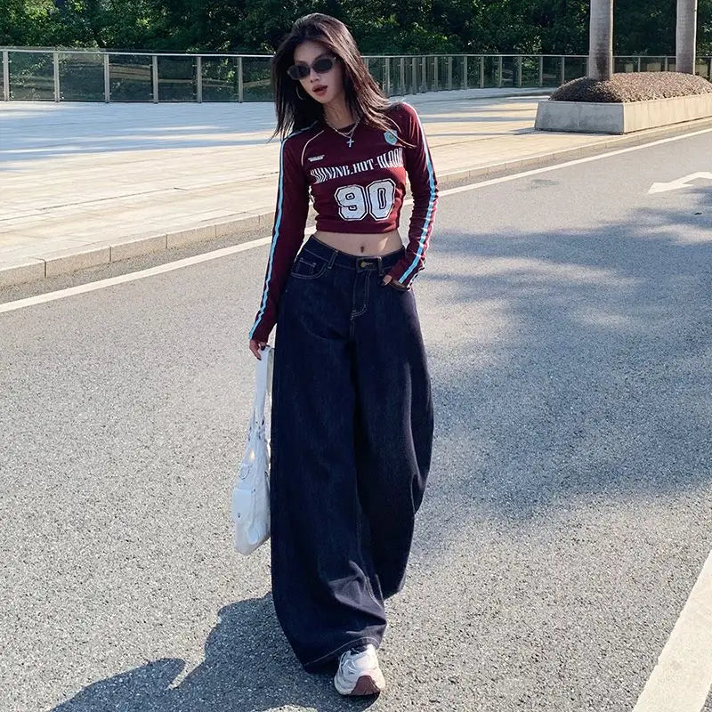 جينز واسع الساق مغسول عتيق نسائي أزرق داكن بخصر عالٍ