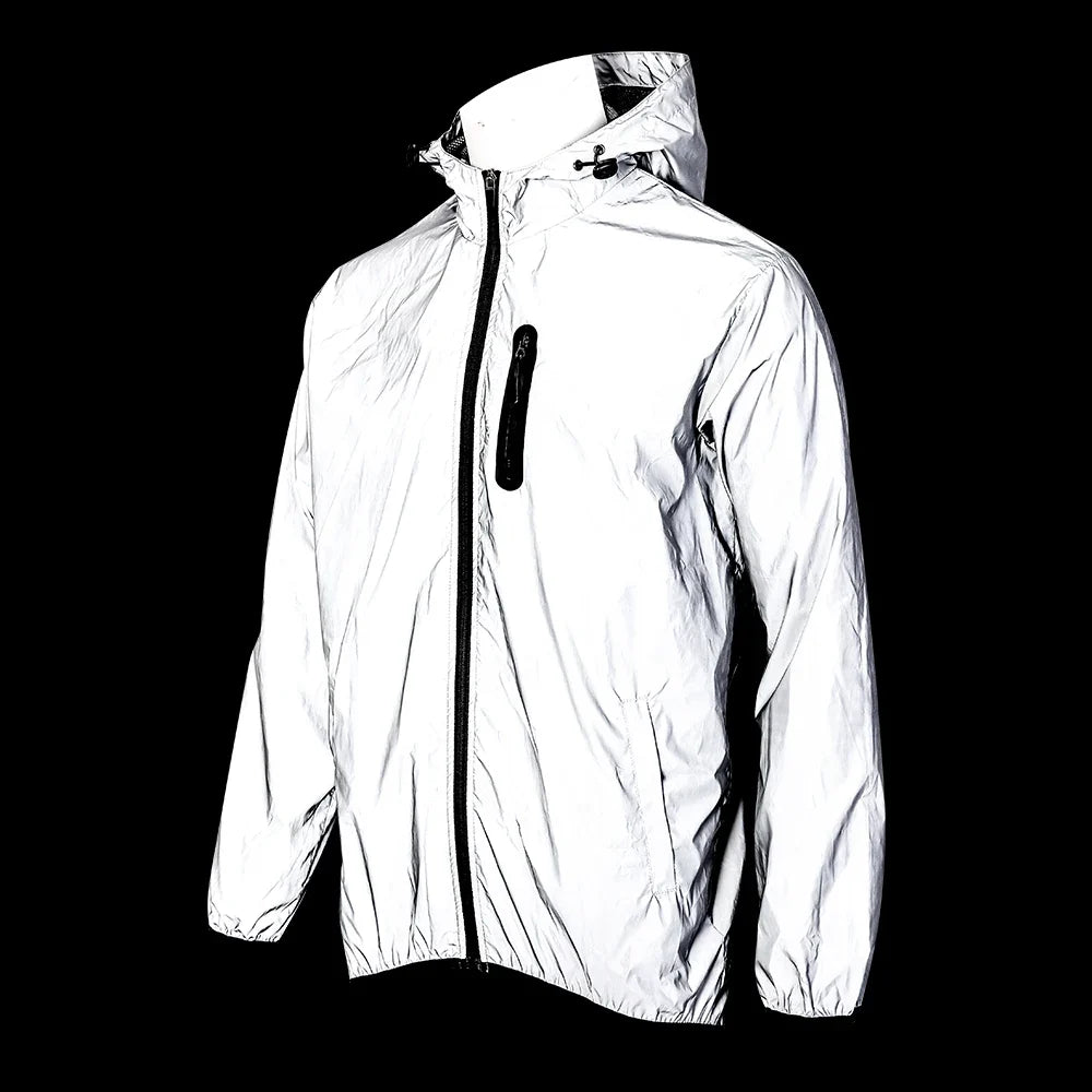 Full Reflective Jacket with Hoodie High Visibility Waterproof Wind Breaker Men Women Hiking Cycling Running Safety Vest
