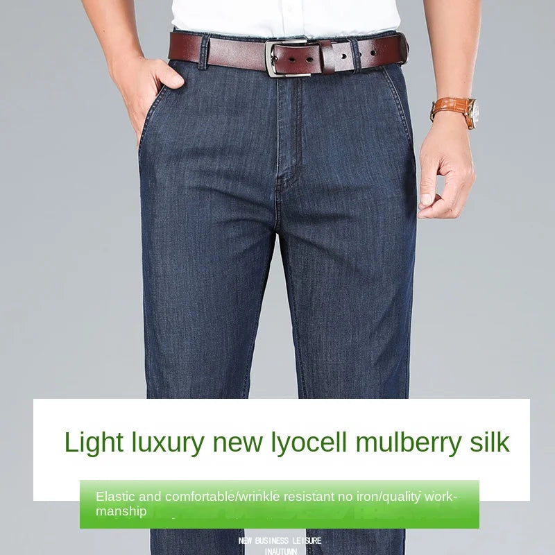 2026 Thin Stretch Denim Business Casual High Waist  High Lyocell  Men's Fit Straight Lightweight Cotton  Light Grey Jeans