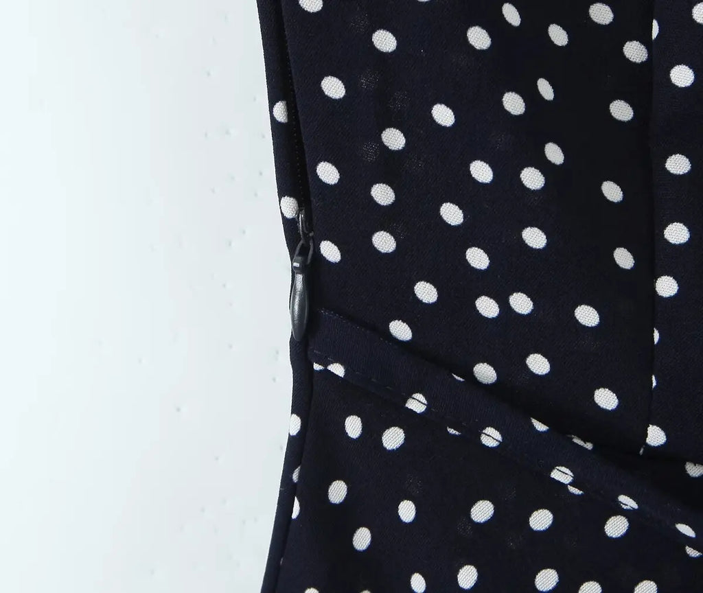2025 Women Navy Blue Polka Dot Long Dress Lace Trim V Neck Short Sleeve A-line Elegant Holiday Dresses Summe Maxi Robe