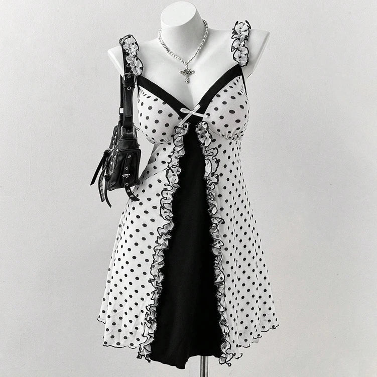 Plus Size Y2K Polka Dot Dress, Ruffle Trim Bow Front Cami Mini Dress, Sexy Sweet Coquette Style Party Dress for Women