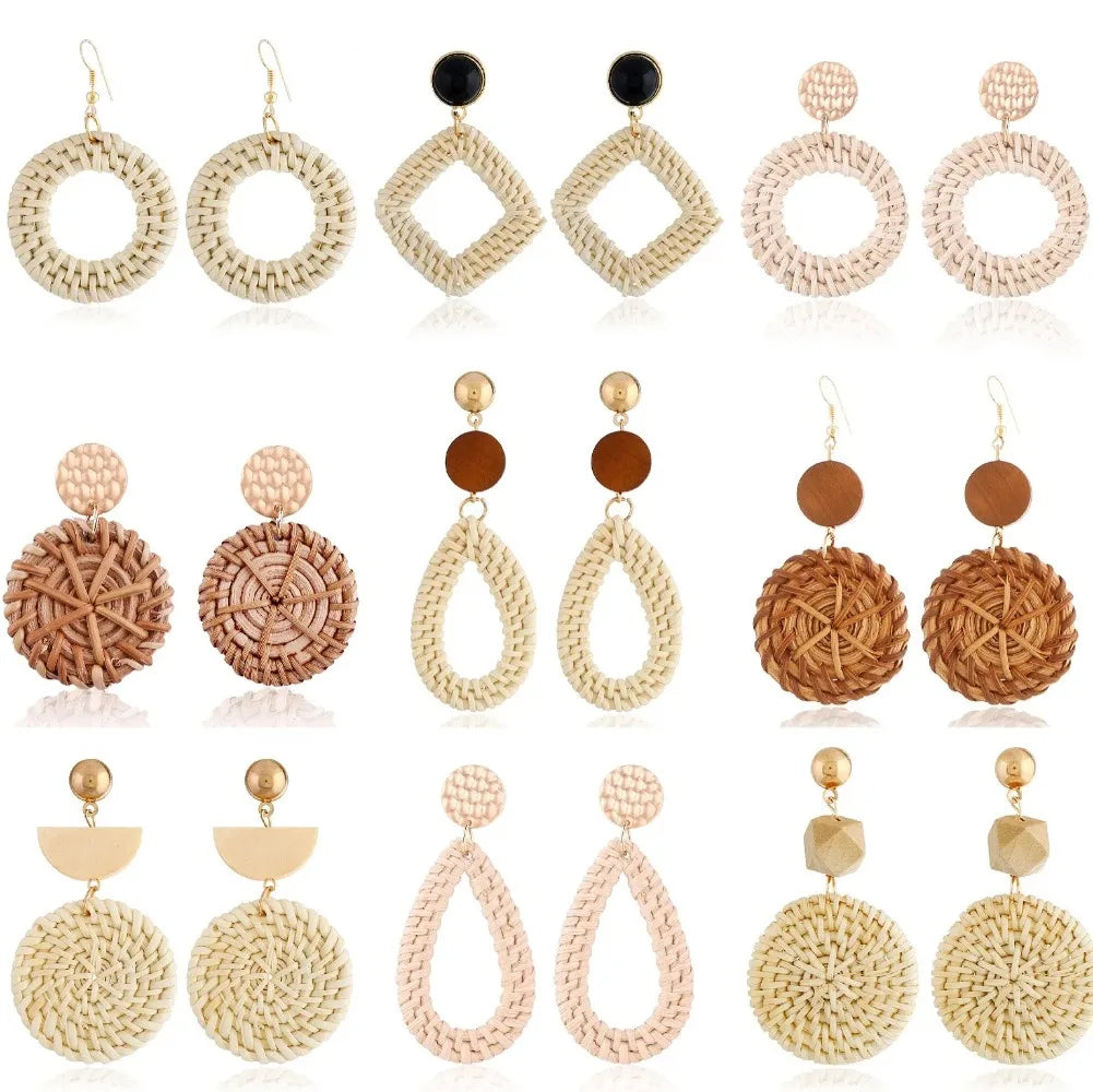 Personality Bamboo Rattan Hand-woven Geometry Drop Dangle Earrings for Women Temperament Summer Beach Stud Jewelry Holiday Gift