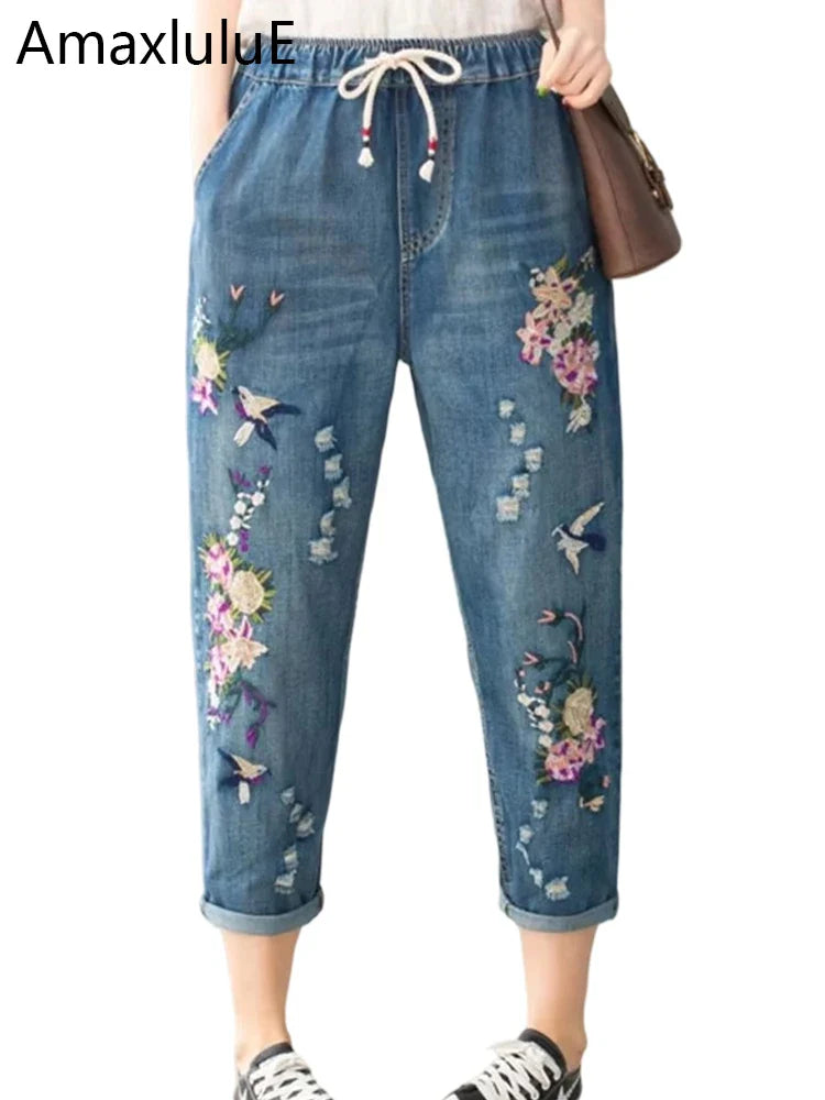 Vintage Floral Loose Denim Pants Chinese Style Casual Ripped Blue Jeans