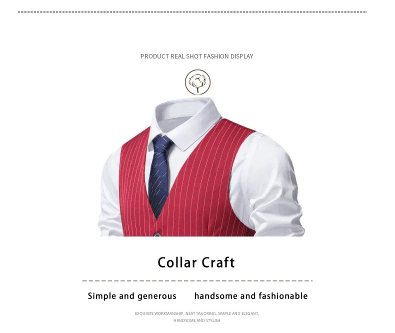 2026 New Red Striped Suit Vest For Men,Fashion Business Formal Wear Casual Khaki/Black Stripes Waistcoats