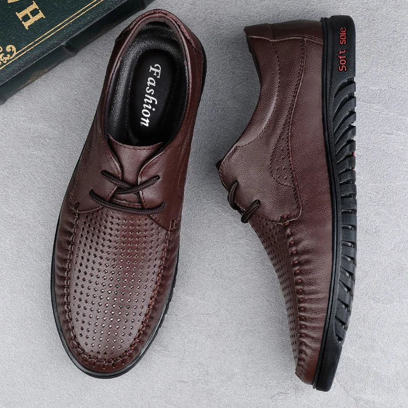 Italian Brand Men's Genuine Leather Casual Shoes Handmade Soles Loafers Lace Up Breathable That's Oxford Shoes for Summer