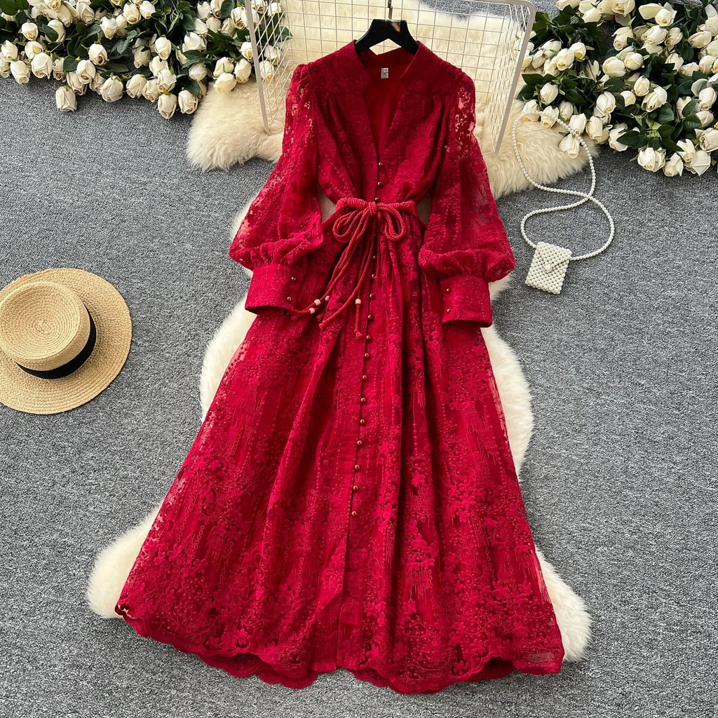 High-End Women's Dress Heavy Embroidery A-Line Long Skirt V-Neck Lantern Sleeve Single Button High Waist Korean Style Commute