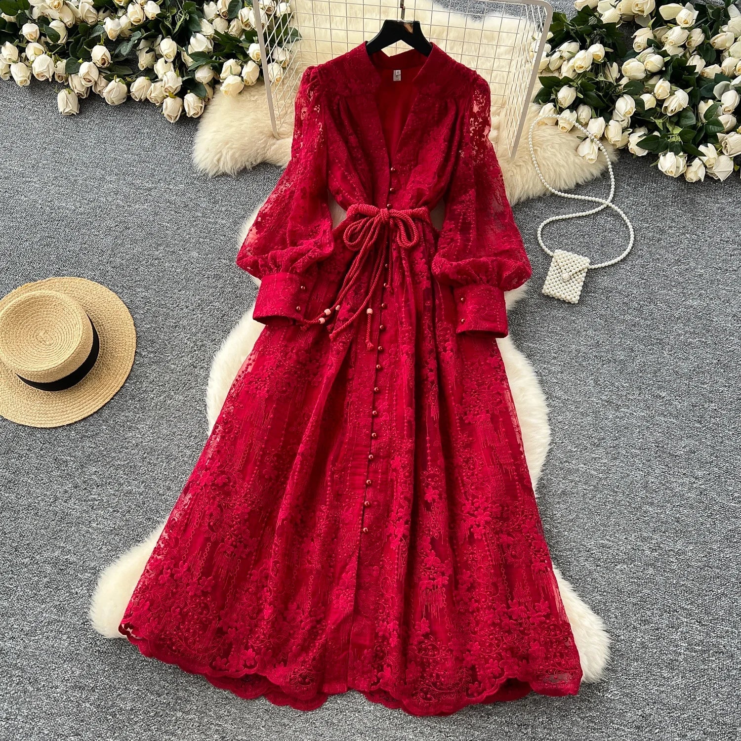 High-End Women's Dress Heavy Embroidery A-Line Long Skirt V-Neck Lantern Sleeve Single Button High Waist Korean Style Commute