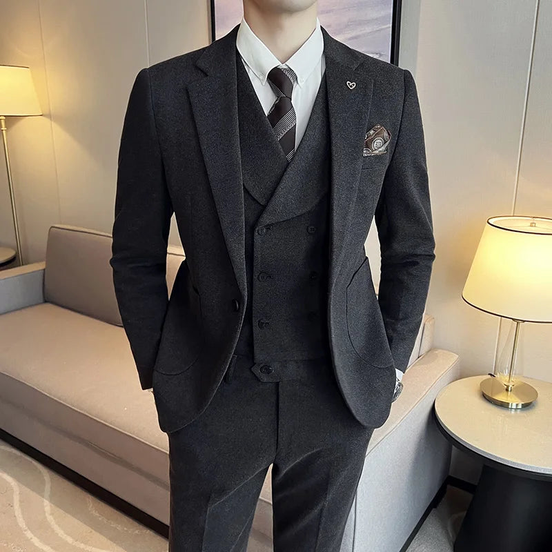 2025 Autumn Winter New Thickened Warm Woolen Blazer Set for Men Korean Version Slim Fit Groom Best Man Wedding Suit Formal Wear