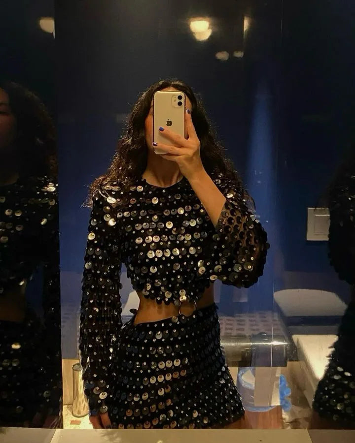 Shiny Sequins Dresses Women Sexy Flare Sleeve Slim Fit Hollow Out Mini Dress Elegant Sparkling Club Party Outfits Female