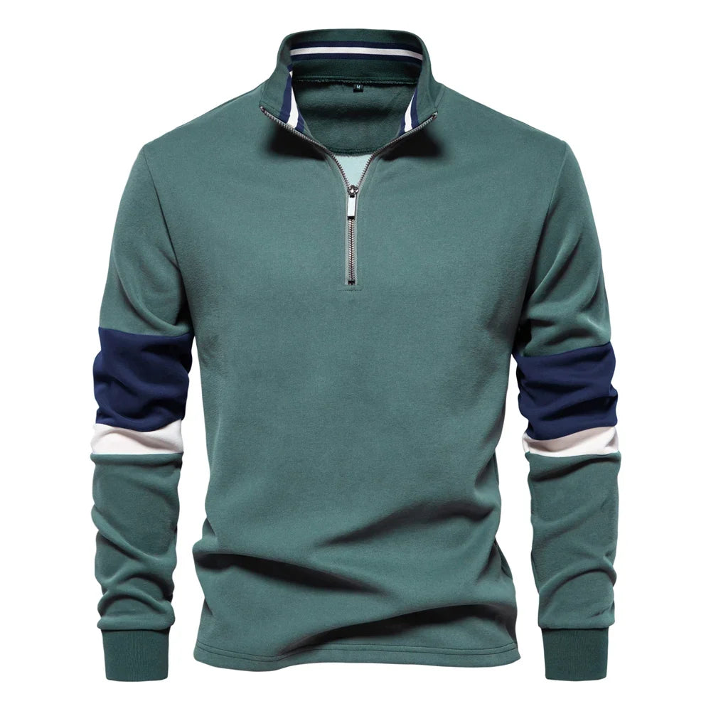 Mens Mock Neck Quarter Zip Sweatshirts Patchwork  Fashion Pullover Cotton-blend Sweatshirt for Men