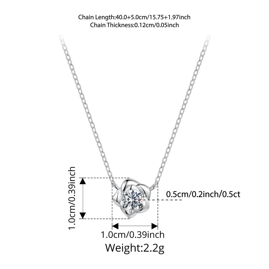 0.5CT Moissanite Rose Flower Pendant Necklace 925 Sterling Silver Round Cut Diamond O-Chain for Women Valentine's Day