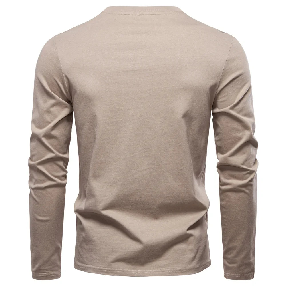 Men's 100% Cotton Henley T-Shirt Long Sleeve Solid Color with Fake Pocket Casual Comfortable Autumn Top