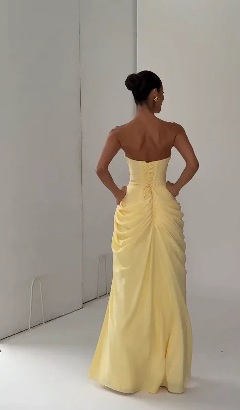 Lady Sexy Strapless Split Solid Pleated Dress Women Chic Backless High Waist Off-shoulder Dresses 2026 New Evening Party Gowns