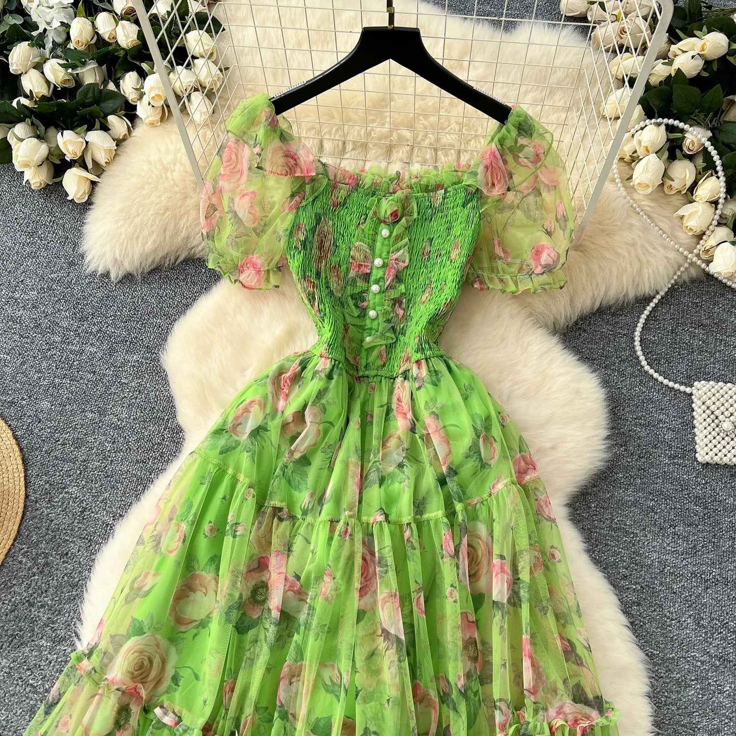 Retro Floral Chiffon Dr Women's Waist Cinched Bubble Sve Me Skirt Tea Break Gentle Soft Sle Korean High Waist A-Lin...