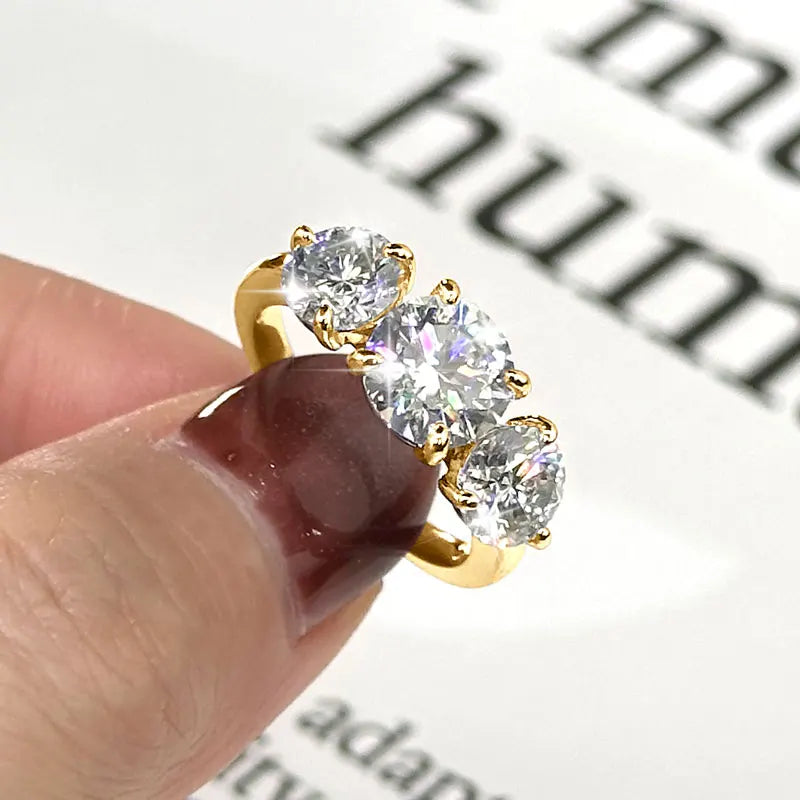 14k Gold Filled Three Stone Ring 8mm&6.5mm D Color Round Moissanite Certified Engagement Wedding Jewelry for Women Rings