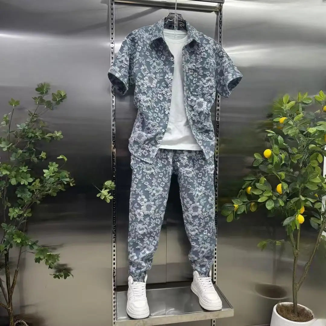 Summer Shirts+Pants Men Sets New Men Casual Print Shirt Two Piece Mens Sportswear Jogger Tracksuits Fashion Suit