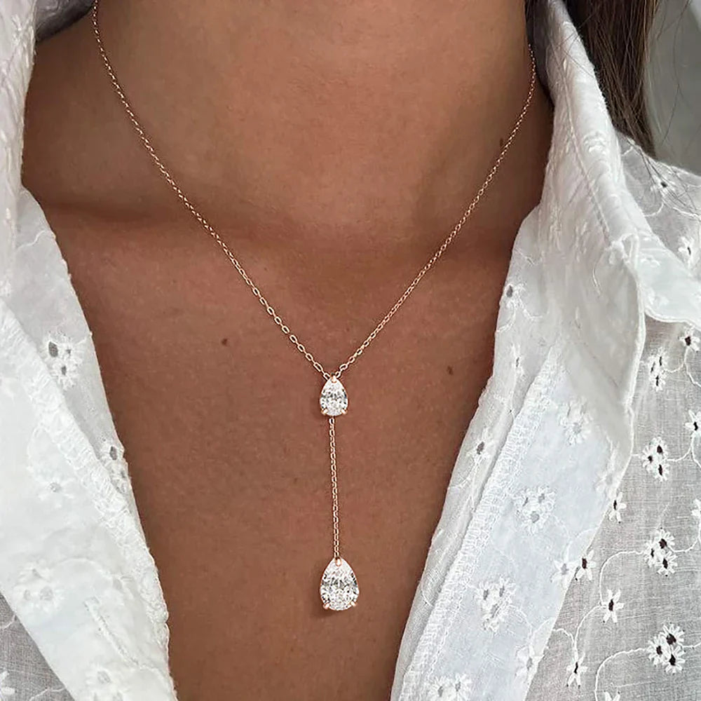 2-Stone Waterdrop Moissanite Pendant Necklace for Women 925 Silver 1.5cttw Y-Style Long Tassel Pear Cut Lab Diamond Neckchain