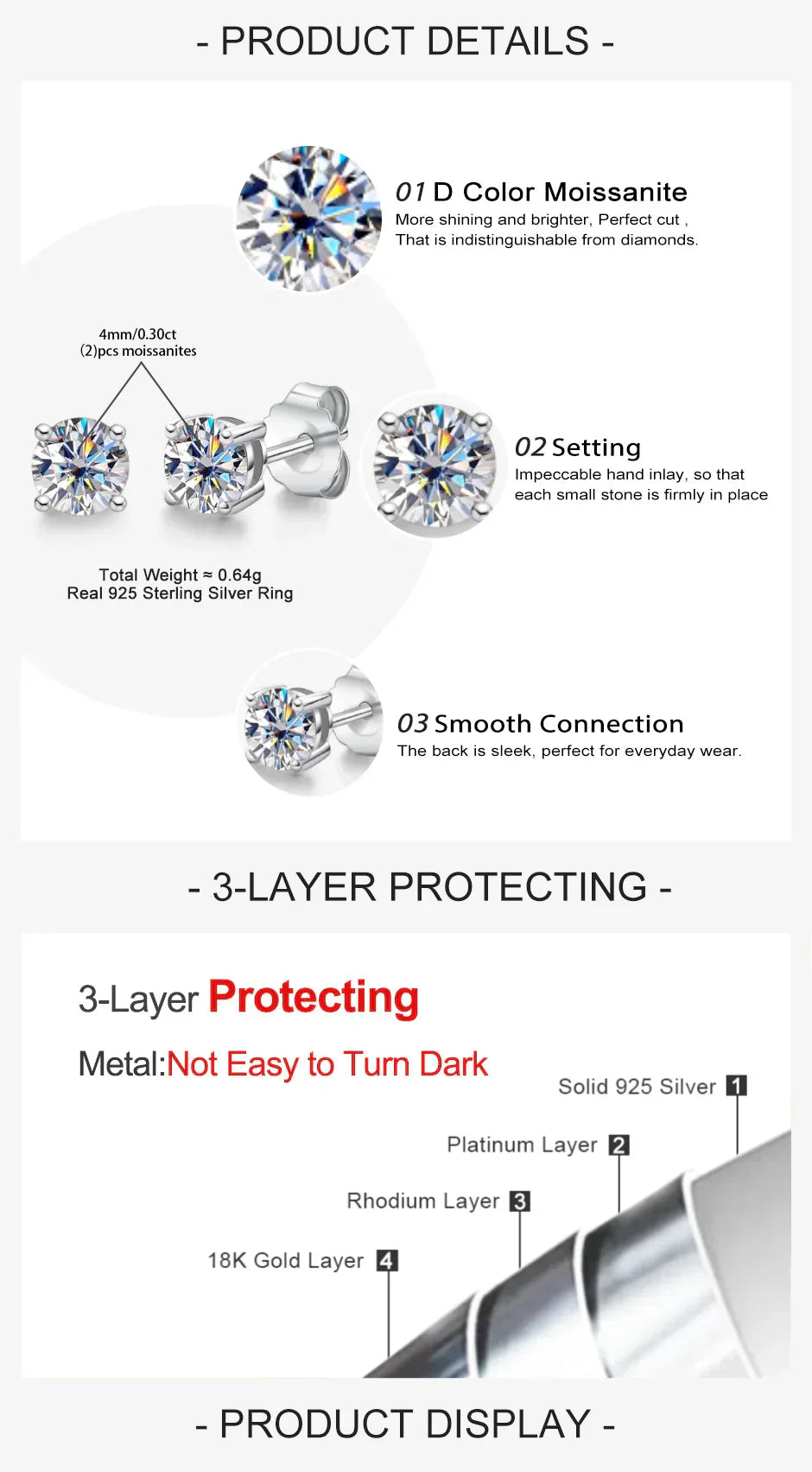 4mm D Color Moissanite Diamond Classic 925 Sterling Silver Stud Earring For Woman Fine Jewelry Wholesale