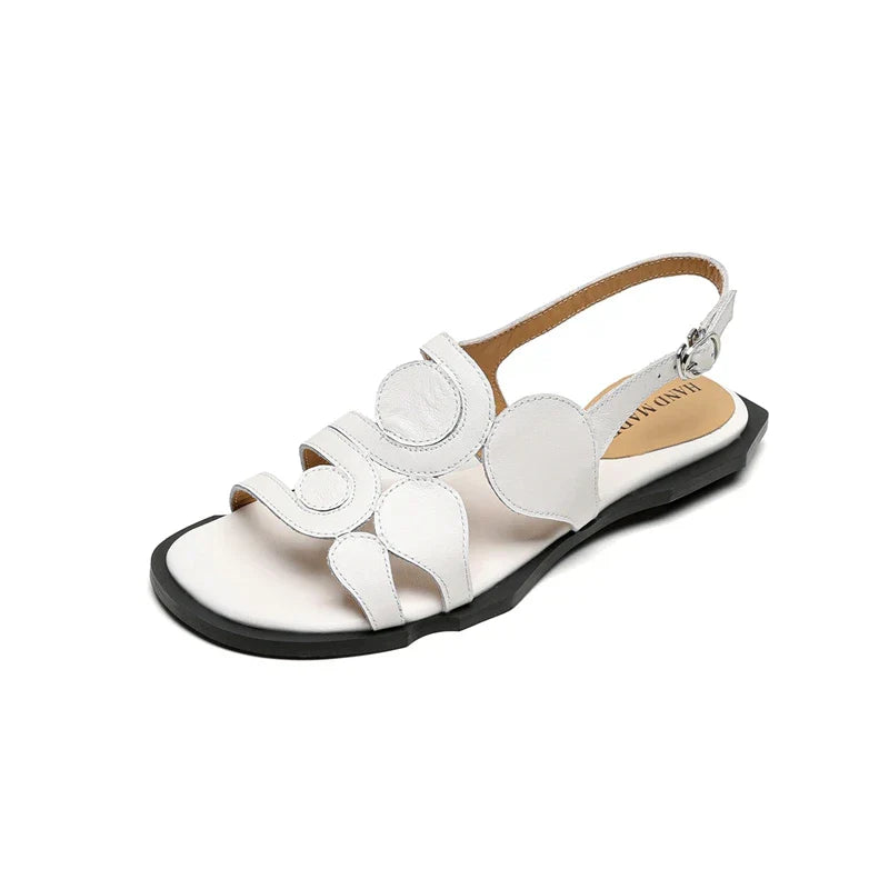 Women's New Round Head Spring/Summer Genuine Leather Sheepskin Spliced Low Heel Large Size Elastic Open Toe Sandals