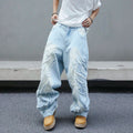 Men's trendy and cool denim wide-leg pants for all seasons featuring unique patchwork patterns, light blue street-stunning style