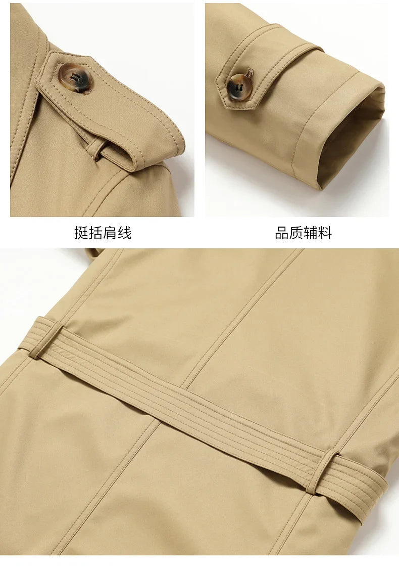 2024 Autumn New Men's Medium to Long Fashion Windbreaker Coat High Quality Double breasted British style Coat Series Belt Coat