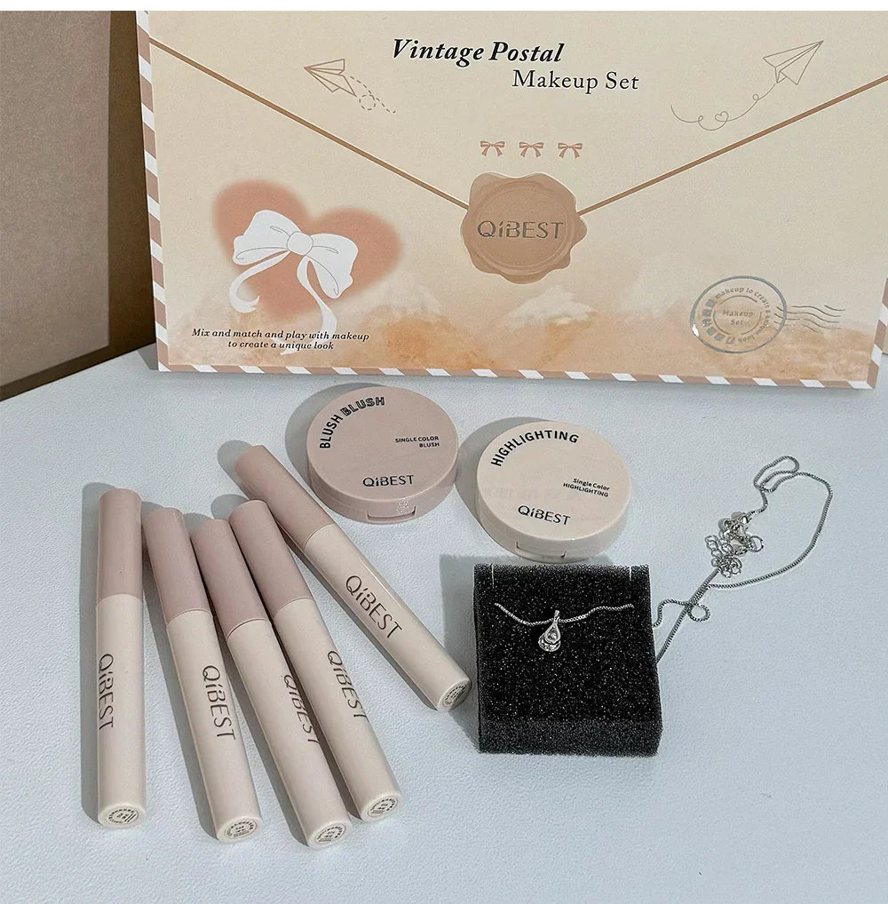 Retro Mail Makeup Set 5pc Matte Lip Mud,1 Blush,1 Highlight And 1 Necklace Gift Multipurpose Cosmetics Kits For Women