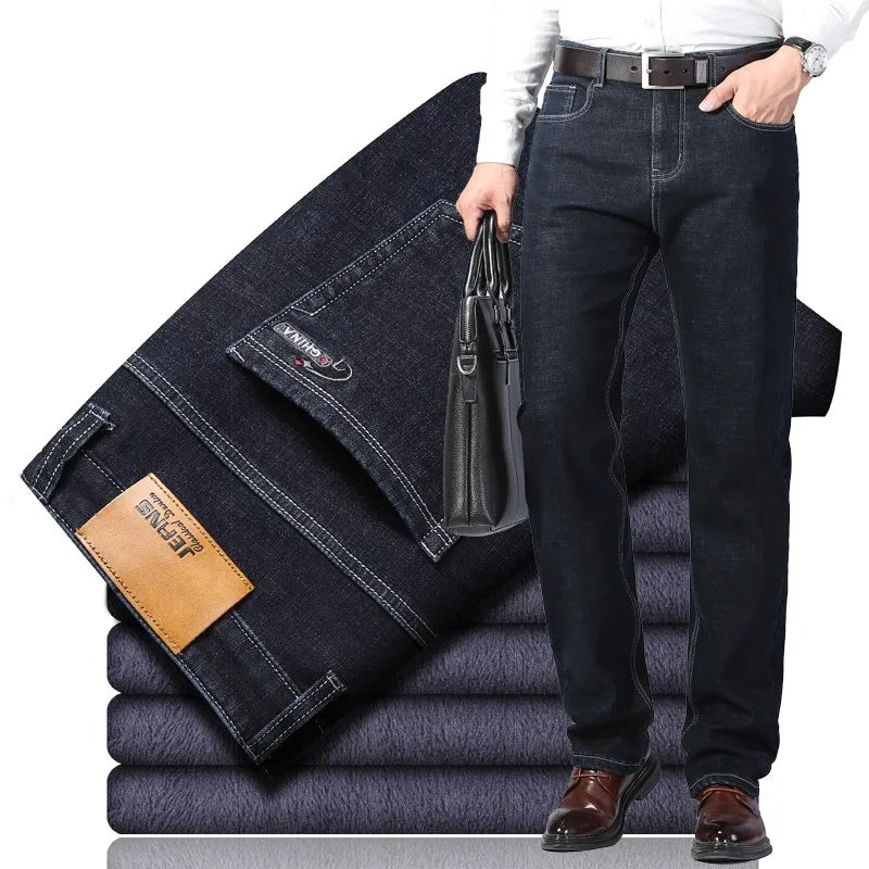 Winter New Men's Warm Blue Black Slim Jeans Classic Style Stretch Slim Fit Thick Pants Fashion Trousers Male Brand