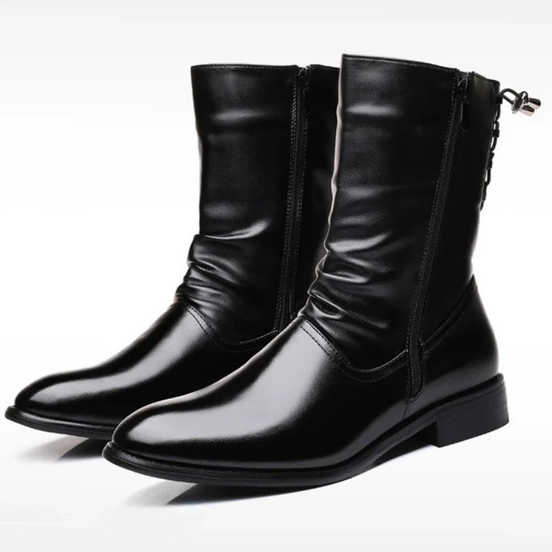 Men's Leather Boots High Quality Black Motorcycle Boots Designer Punk Rock Mid-calf Boots Fashion High Top Shoes Botas Masculino