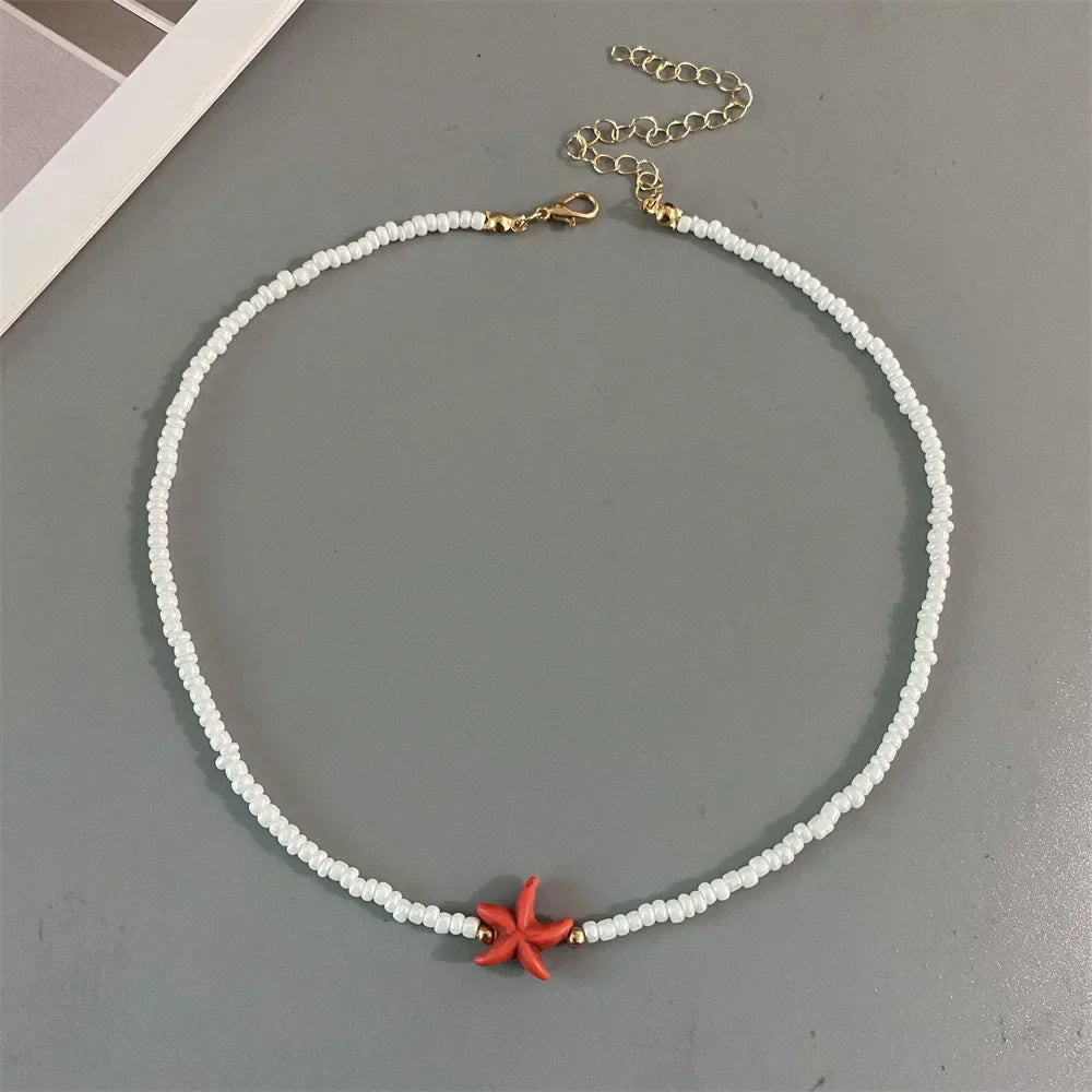 Shell Starfish Woman Short Necklace Summer Holiday Gift Handmade Choker  Seed Beads Neck Jewelry White