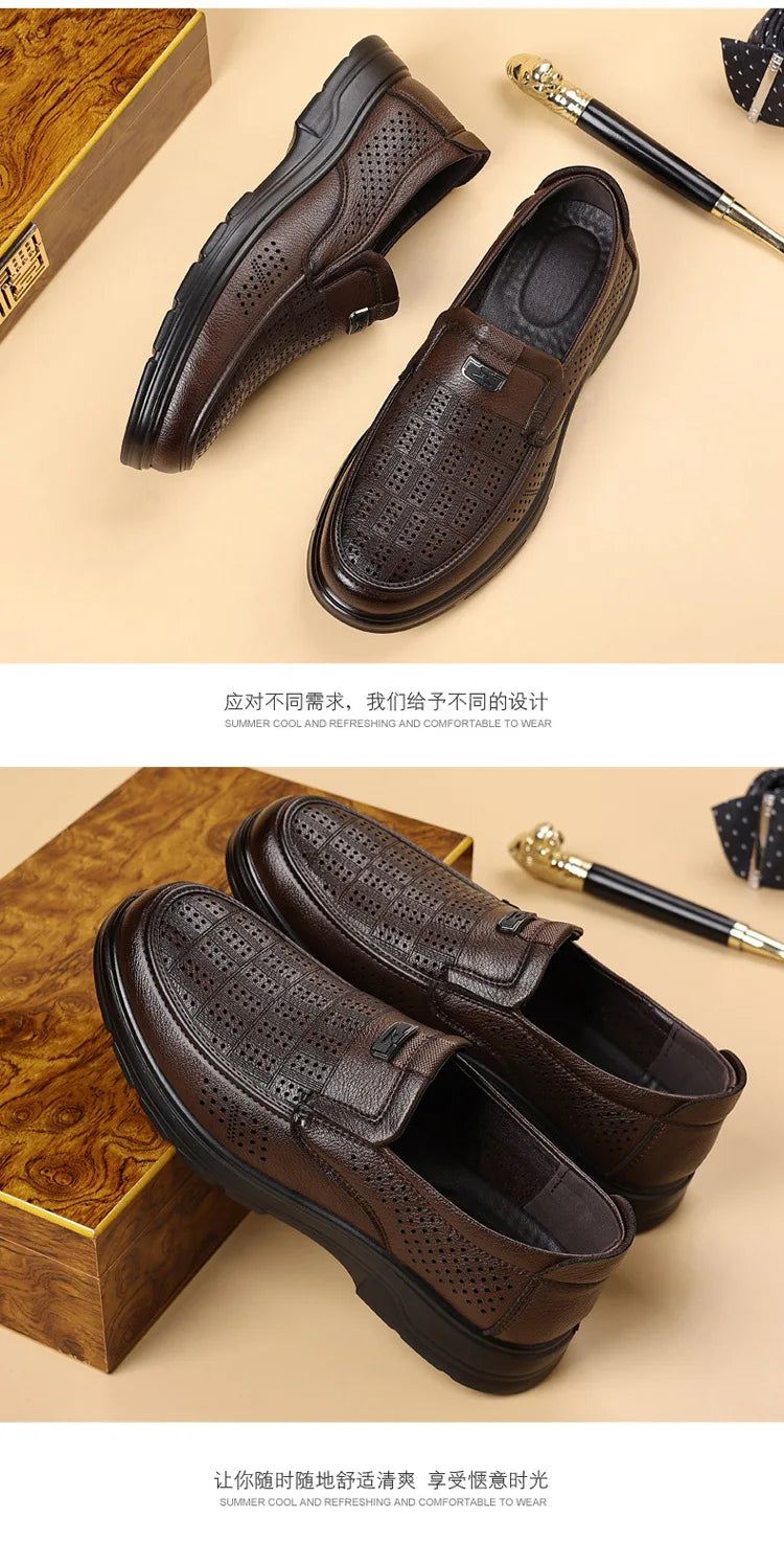 Men's Summer Breathable Leather Loafers Brown Hollow Out Slip-On Shoes Male Thick Sole Comfortable Non-slip Work Shoes for Man