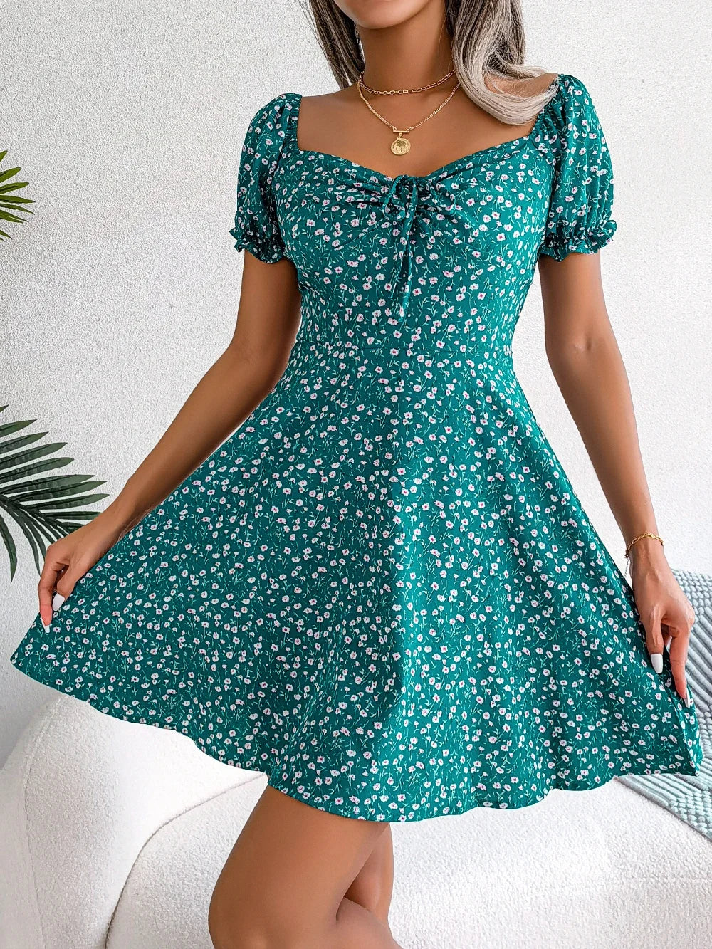 Women Casual Square Neck Flare Short Sleeve Floral Dress Elegant A Line Dress for Spring Summer 2026 Fashion Woman Clothing