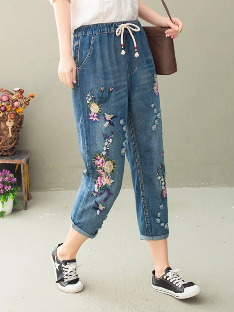 Vintage Floral Loose Denim Pants Chinese Style Casual Ripped Blue Jeans
