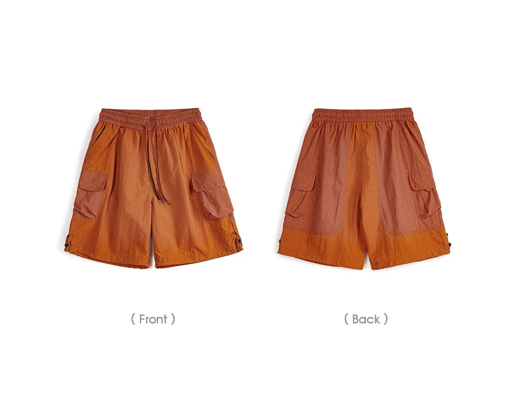 Summer Men Straight Shorts Orange Patchwork Gingham Loose Beach Pants Plus Size Shorts Elastic Waist Light Breathable