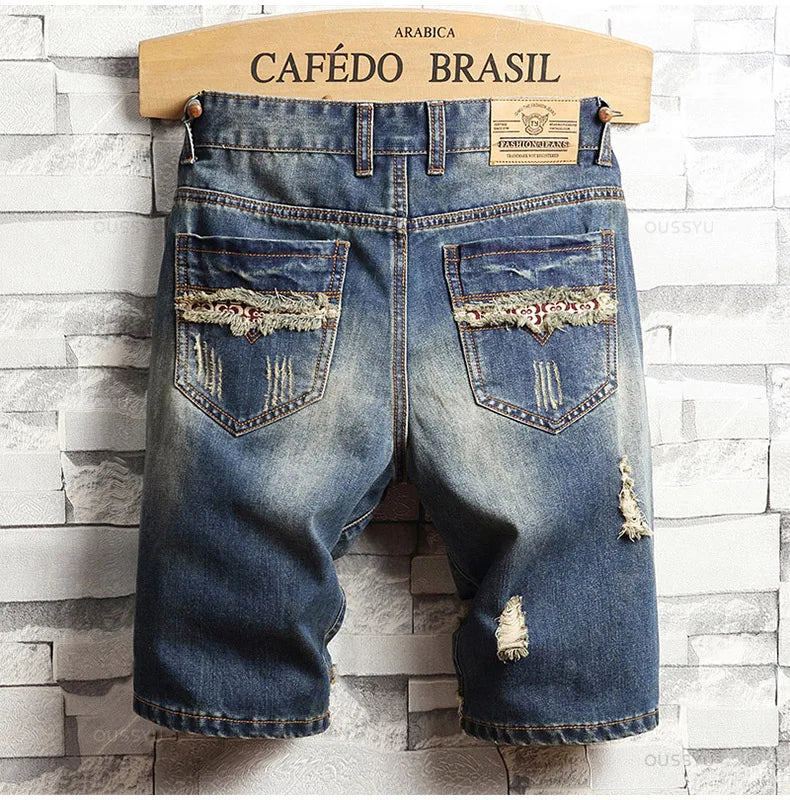 Brand Clothing New Summer Ripped Hole Denim Shorts Men Cotton Thin Straight Retro Biker Knee Length Short Jeans Male Streetwear