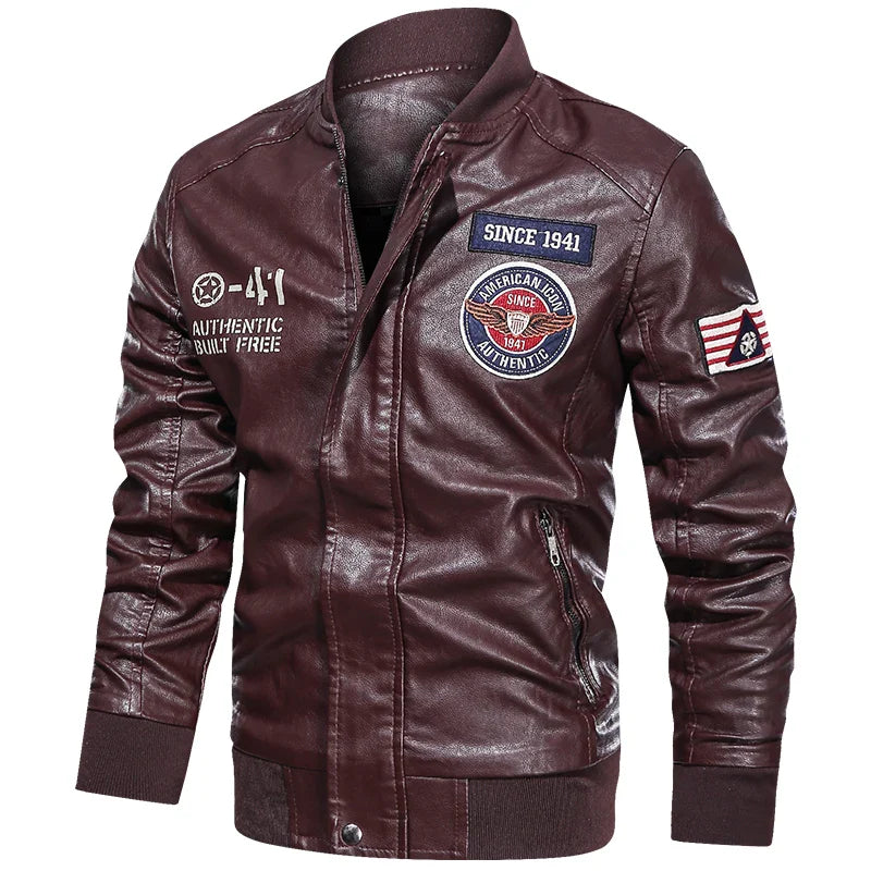 Men’s PU leather motorcycle jacket, color block pilot style, baseball collar, spring autumn, M–XXL