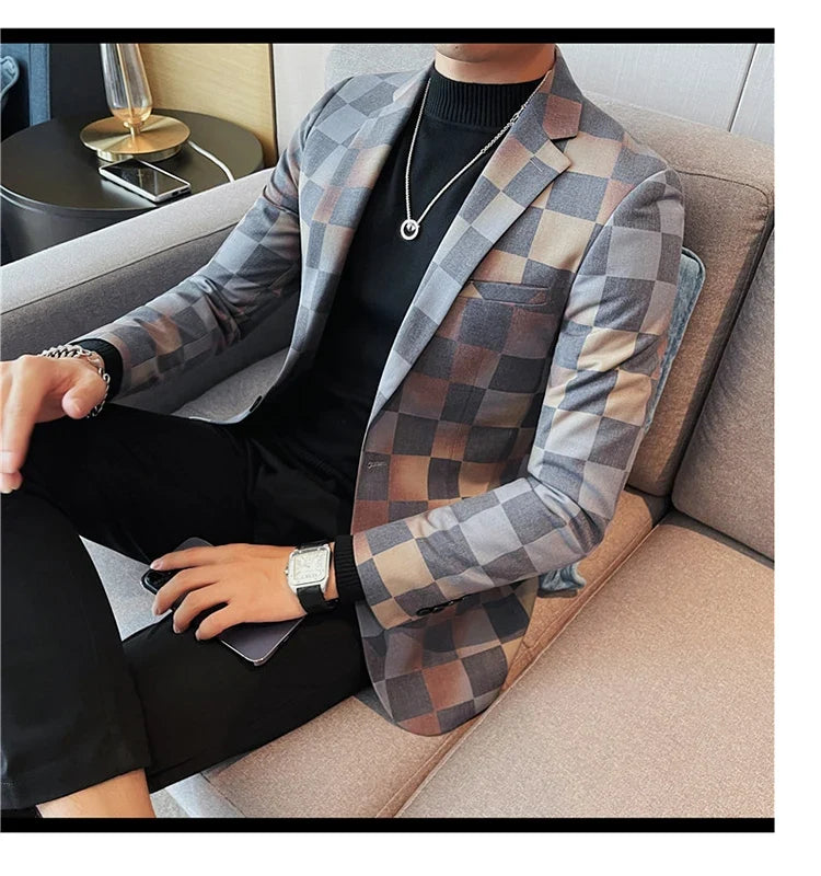 Brand Luxury Plaid Suit Jacket for Men 2023 Autumn Casual Blazer Masculino Fashion Slim Business Wedding Groom Social Dress Coat